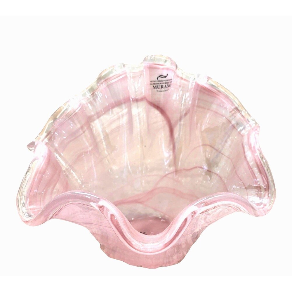 Murano Style Art Glass Bowl Pink Swirl Ruffle Edge Italy Handkerchief Vase